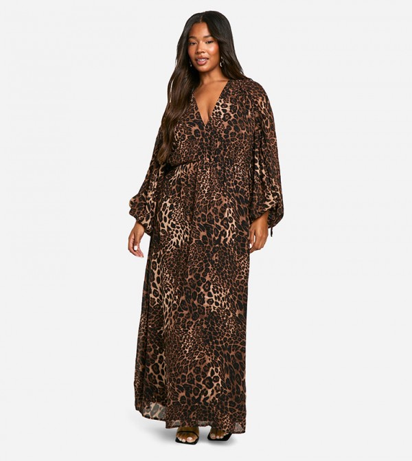 Curve Leopard Printed Ruched Balloon Sleeves Maxi Dress