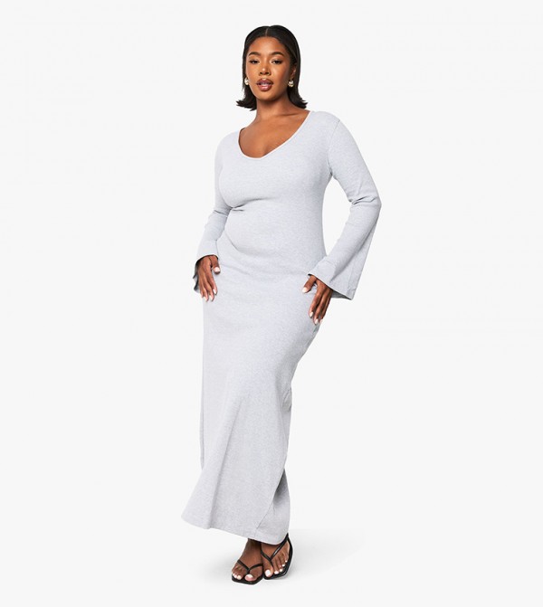 Curve Solid Ribbed Flared Sleeves V-Neck Dress