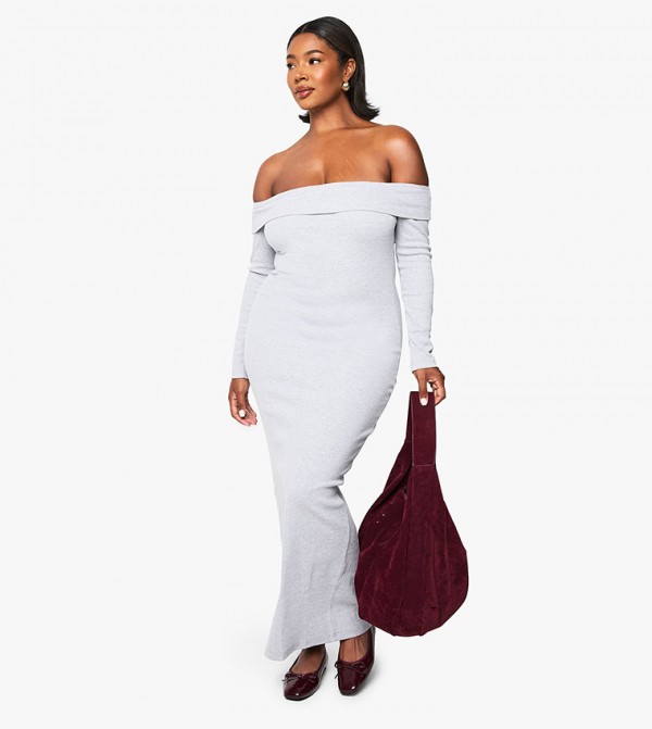 Curve Solid Ribbed Bardot Maxi Dress