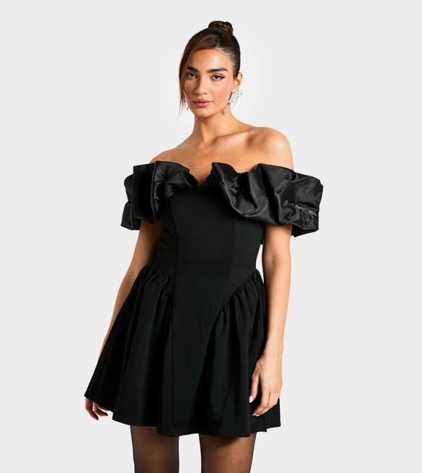Extreme Taffeta Ruffle Structured Skater Mini Dress