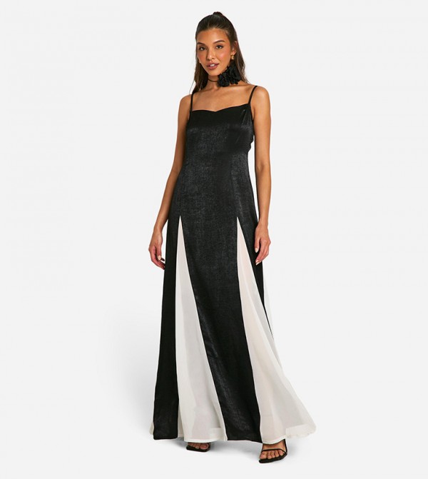 Satin Color Block Godet Maxi Dress