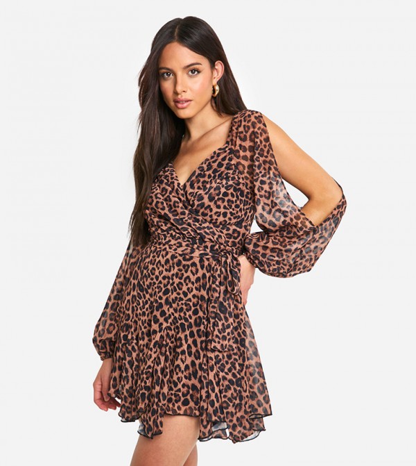 Leopard Print Lace Back Wrap Mini Dress