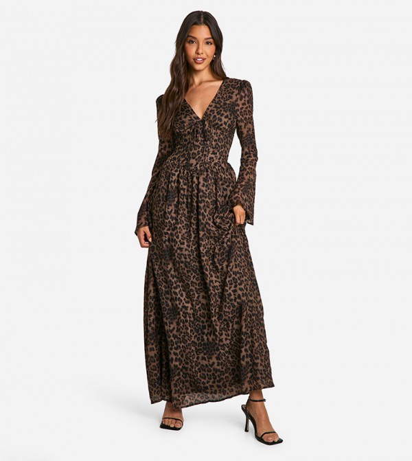 Leopard Print Flare Sleeves Maxi Dress