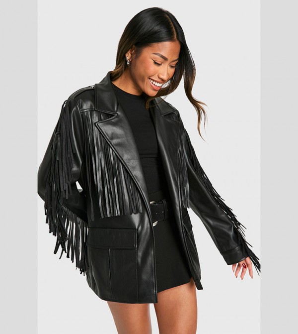 Fringe Detail Faux Leather Belted Jacket