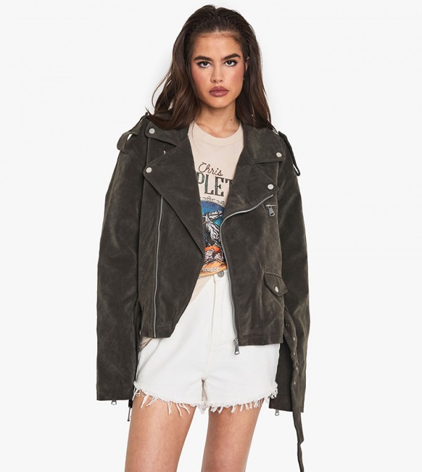Vintage Suede Look Oversized Biker Jacket