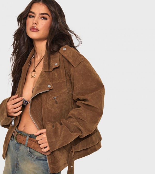 Vintage Suede Look Oversized Biker Jacket