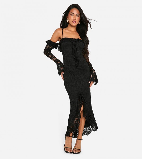 Lace Ruffle Bardot Flared Sleeves Midaxi Dress