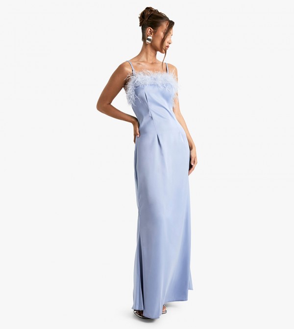 Feather Trim Satin Slip Maxi Dress