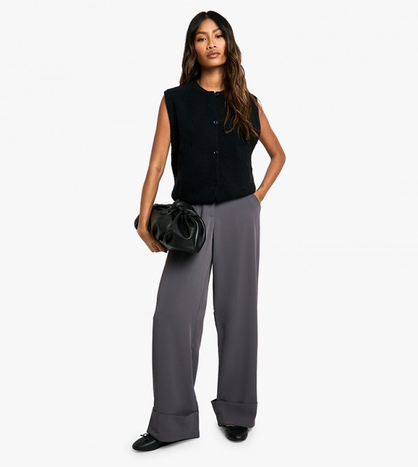 Turn Cuff Wide Leg Relaxed Fit Tailored Trousers