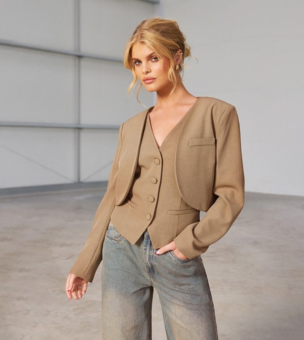 Marl Curved Lapel Cropped Tailored Blazer