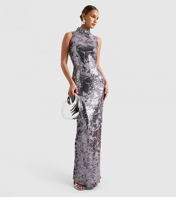 Demask Sequined High Neck Column Maxi Dress