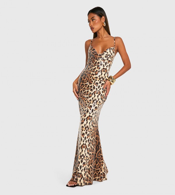 Cowl Neck Leopard Printed Maxi Dress