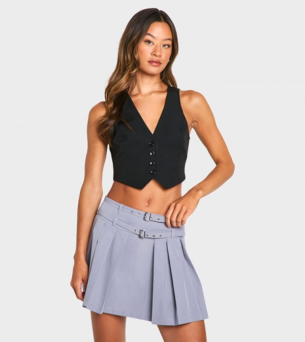 Tall Pleated Buckle Belt Mini Skirt