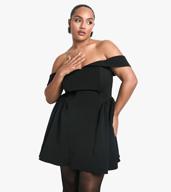 Curve Off Shoulder Pleated Skater Dress
