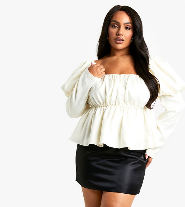 Curve Satin Puff Sleeves Top