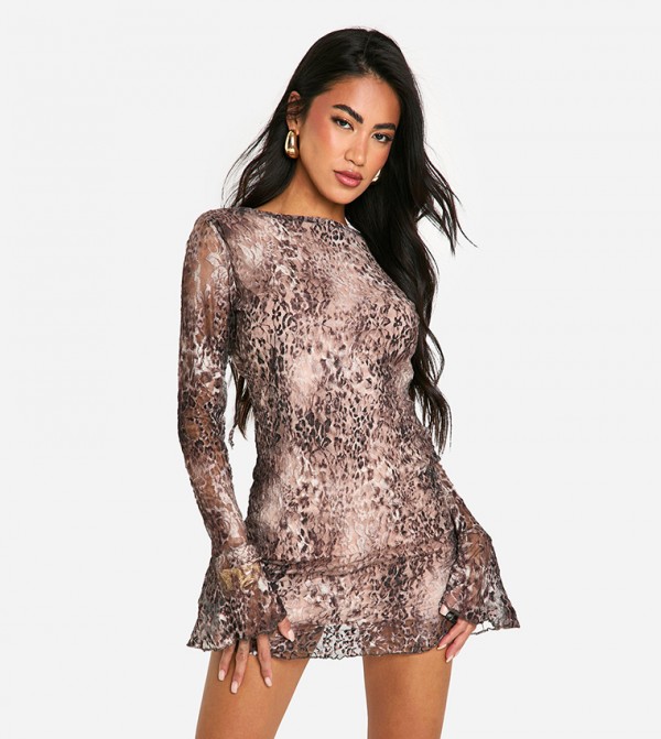 Buy Boohoo Leopard Print Flare Sleeves Lace Mini Dress In Leopard