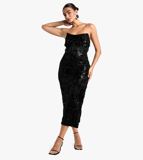 Sequined Structured Lace Demask Midaxi Dress
