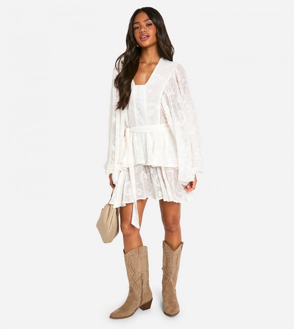 Floral Jacquard Tiered Belted Skater Mini Dress