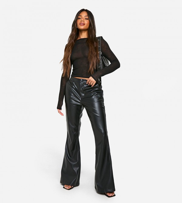 High Waist PU Flared Trousers