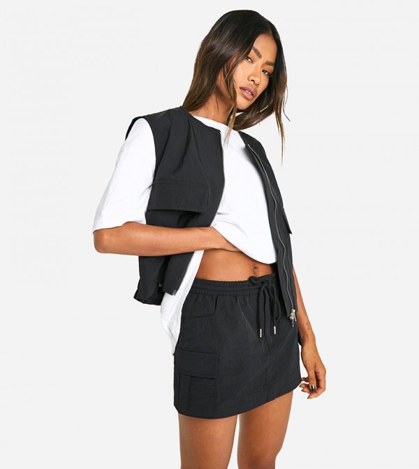 Drawstring Waist Cargo Mini Skirt