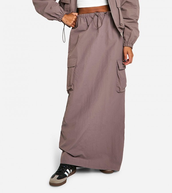 Drawstring Waist Cargo Maxi Skirt