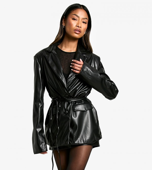 PU Tie Waist Belted Blazer