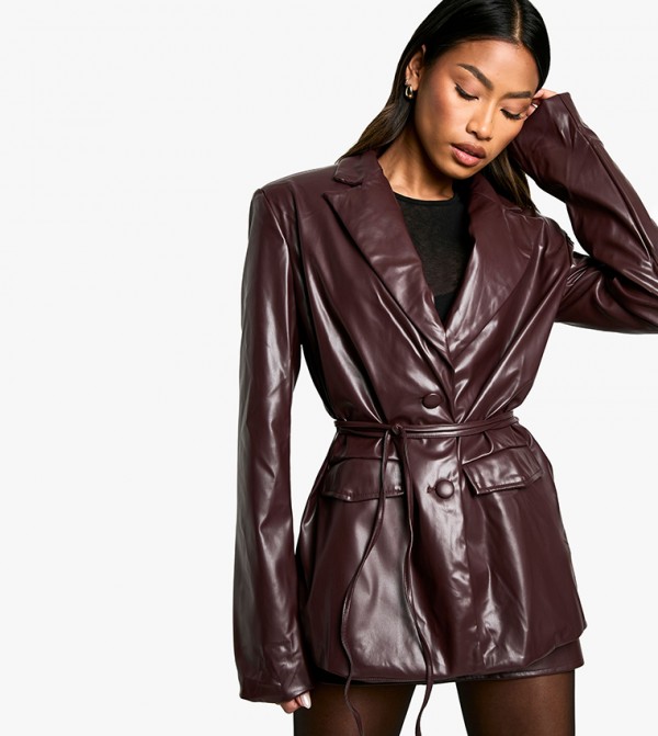PU Tie Waist Belted Blazer