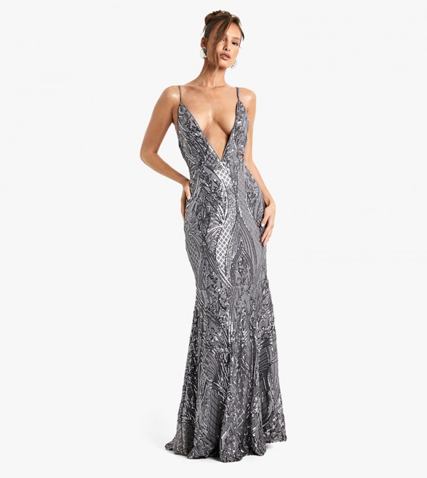Demask Sequined Plunge Strappy Maxi Dress