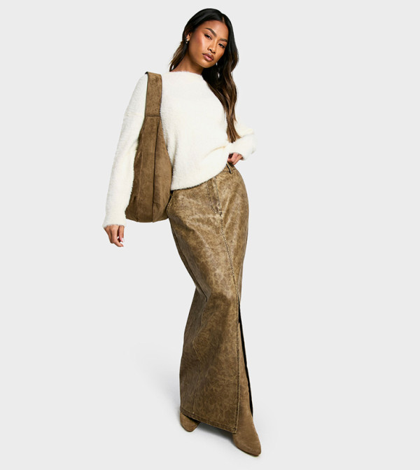 Washed Pu Split Front Maxi Skirt