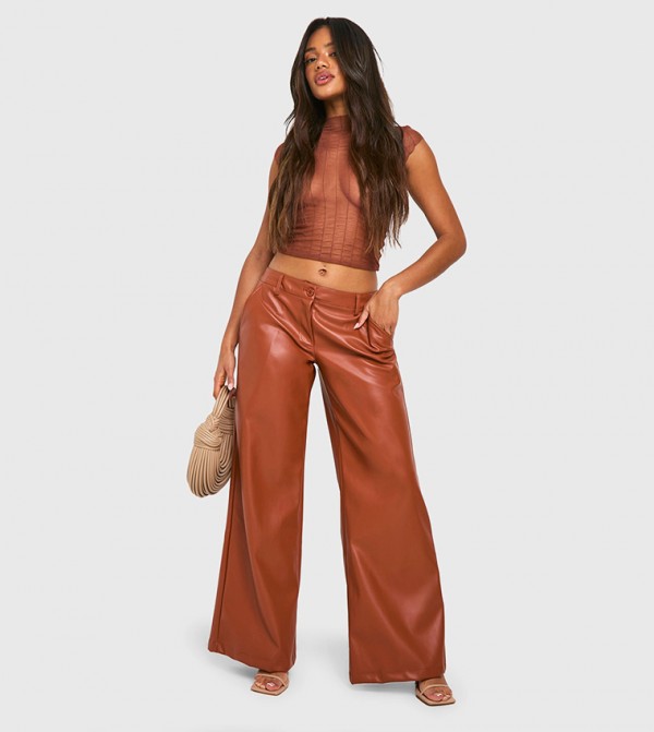 Low Rise PU Wide Leg Trousers