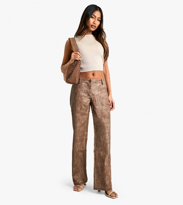 Low Rise Washed PU Straight Fit Trousers
