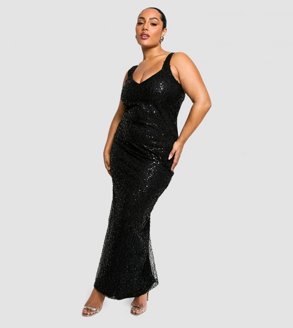 Curve Sequined Plunge Neck Maxi Dress
