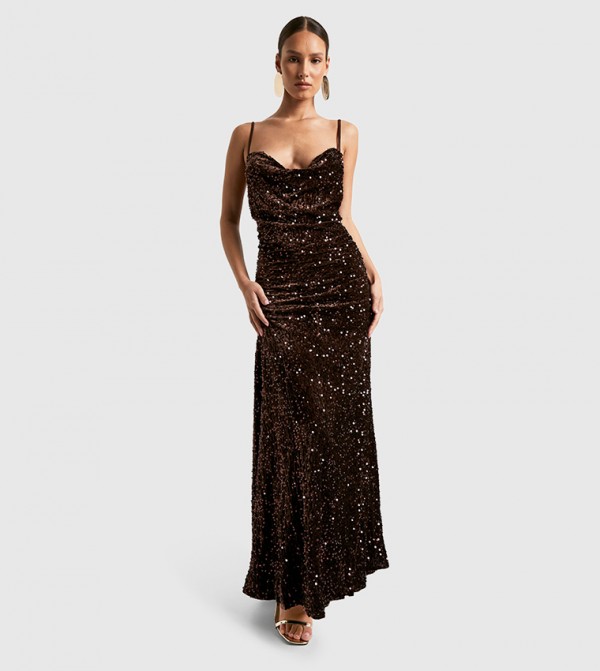 Velvet Sequined Cowl Neck Slip Maxi Dress