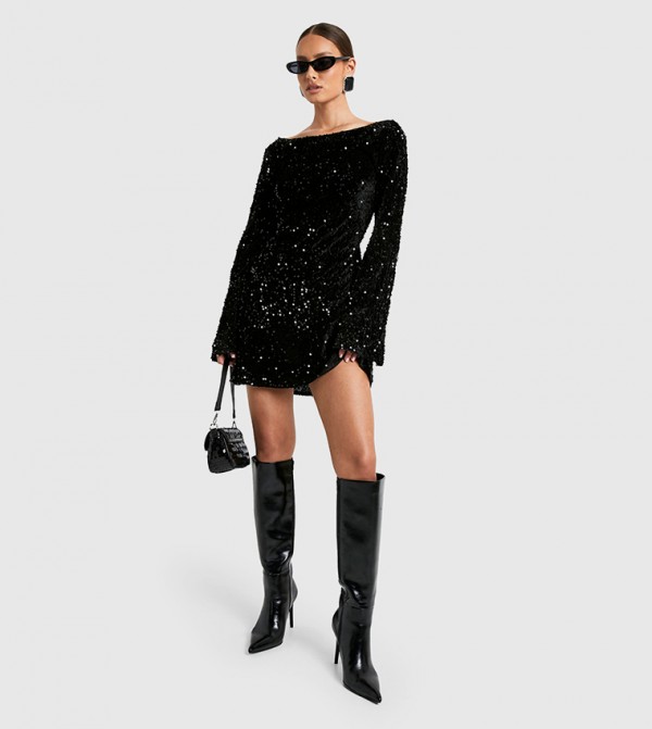Velvet Sequined Tie Back Shift Dress