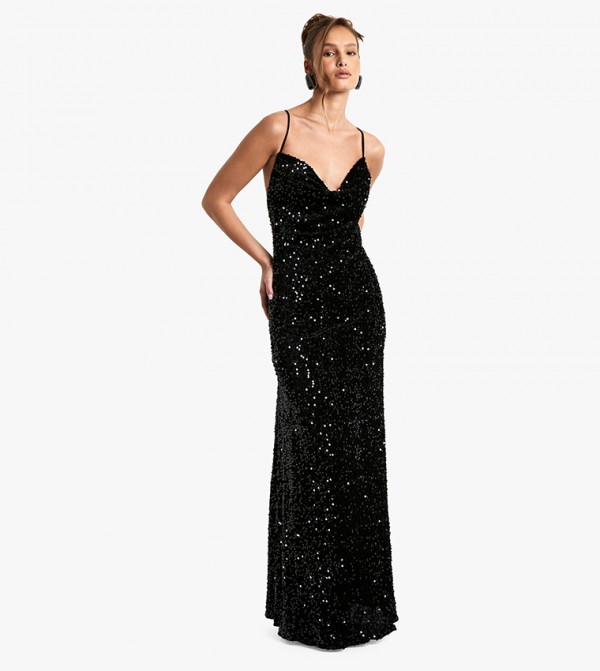 Velvet Sequined Cowl Neck Slip Maxi Dress