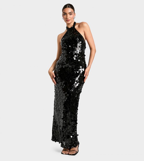 Disc Sequined Halterneck Maxi Dress