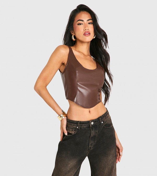 PU Scoop Neck Seam Detail Corset Top