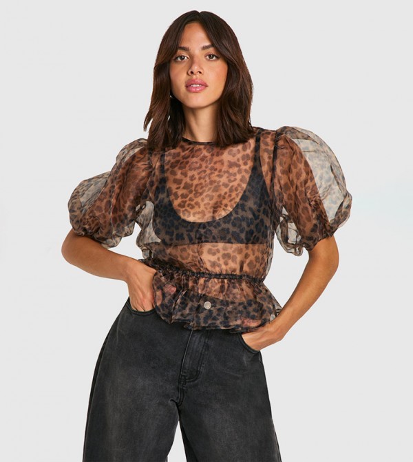 Organza Leopard Printed Tie Back Puff Sleeves Top