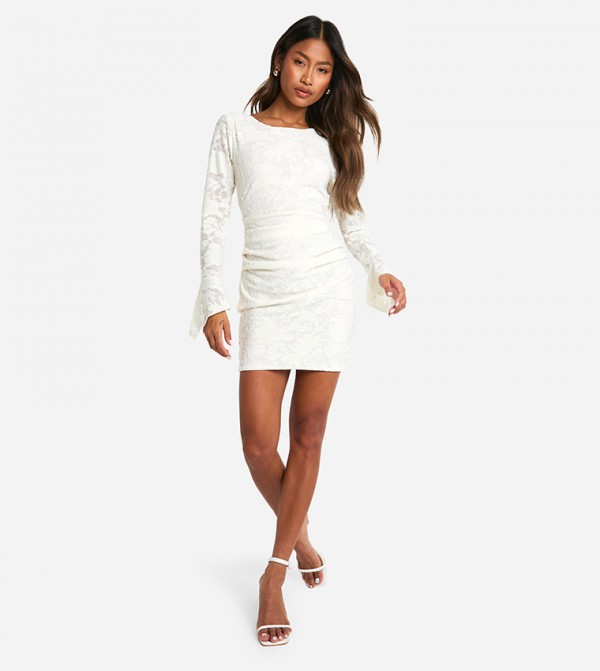 Jacquard Floral Print Flare Sleeves Mini Dress