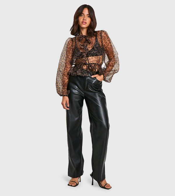 Organza Leopard Print Puff Sleeves Top