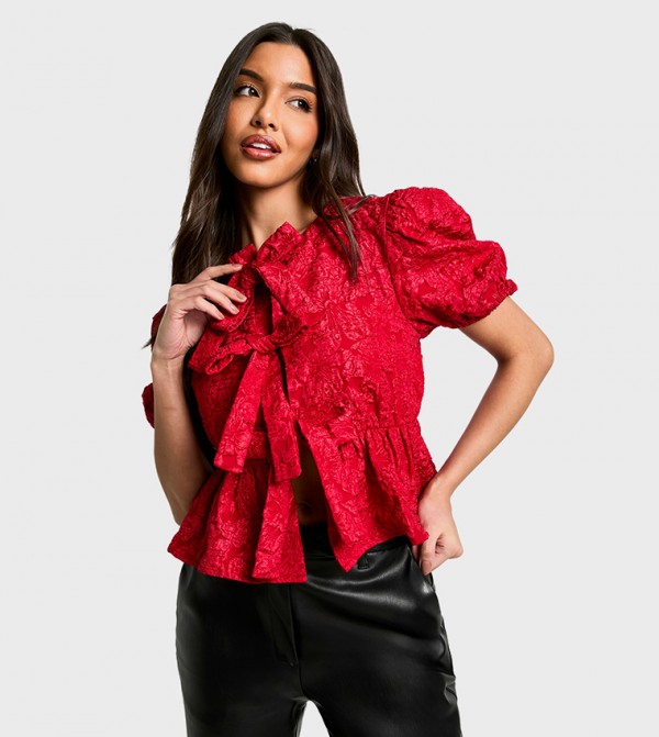 Textured Floral Jacquard Tie Front Puff Sleeves Smock Top