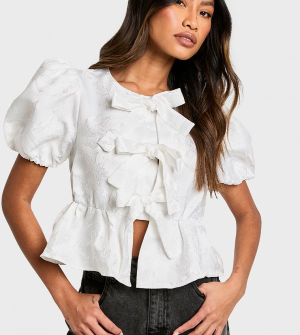 Jacquard Tie Front Puff Sleeves Smock Top
