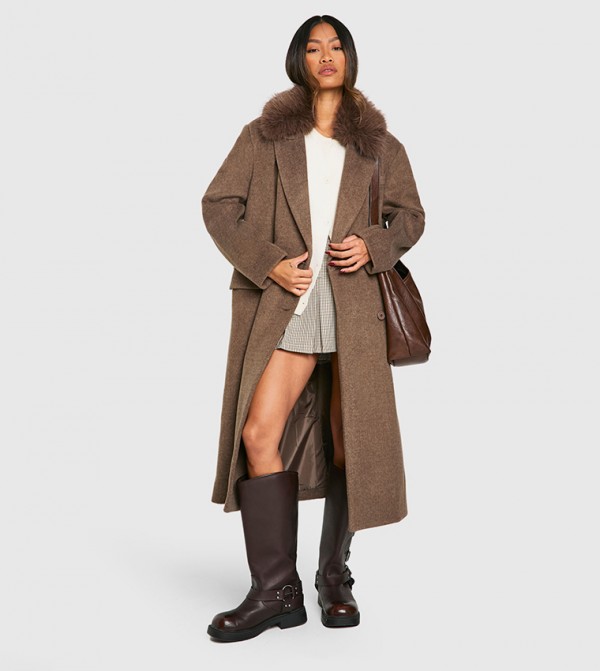 Faux Fur Trim Double Breasted Wool Look Oversized Coat
