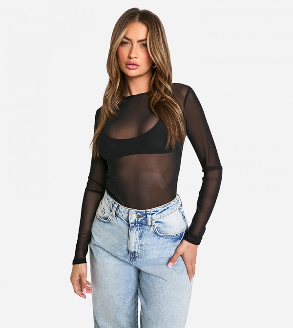 Mesh Long Sleeves Bodysuit Top