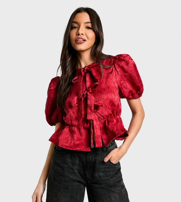 Textured Jacquard Tie Front Puff Sleeves Smock Top