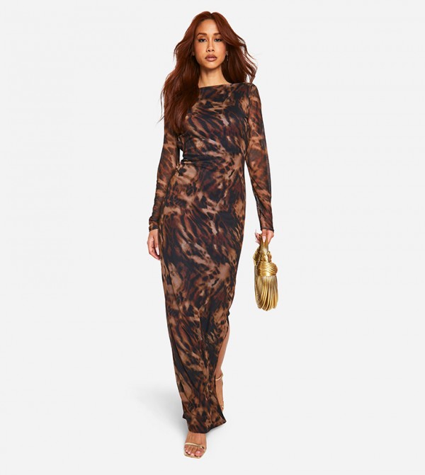 Leopard Print Mesh Low Scoop Back Maxi Dress