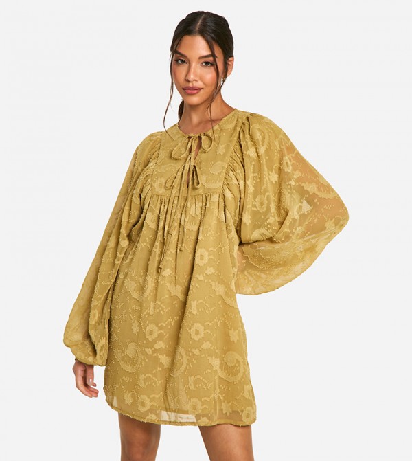 Burnout Paisley Tie Front Smocked Dress