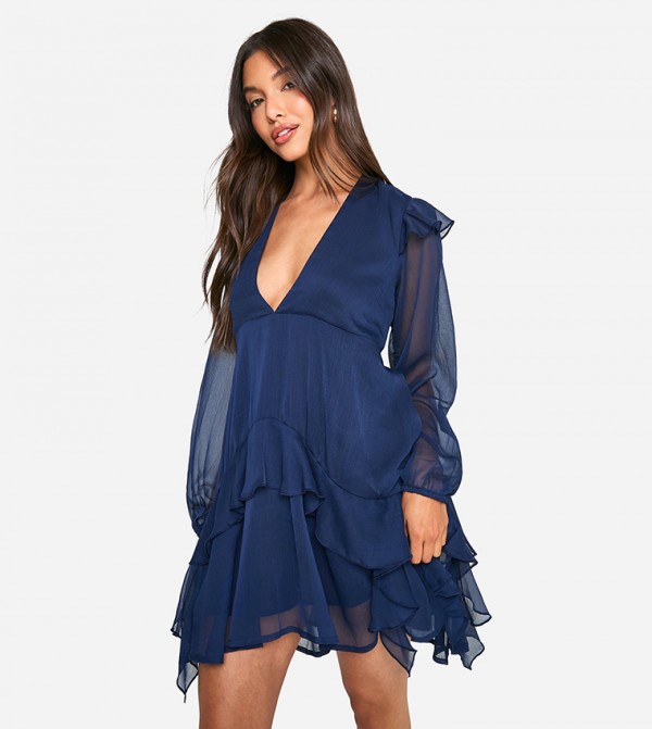Crinkle Chiffon Ruffle Smock Mini Dress