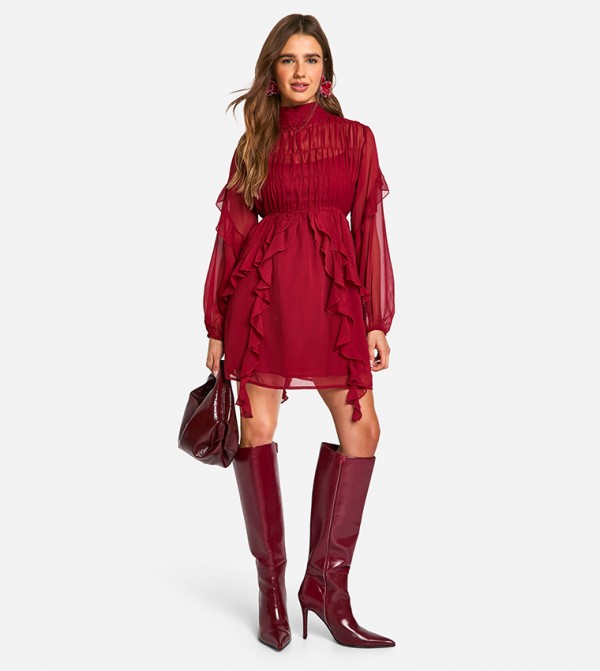 Crinkle Chiffon Funnel Neck Ruffle Smock Mini Dress