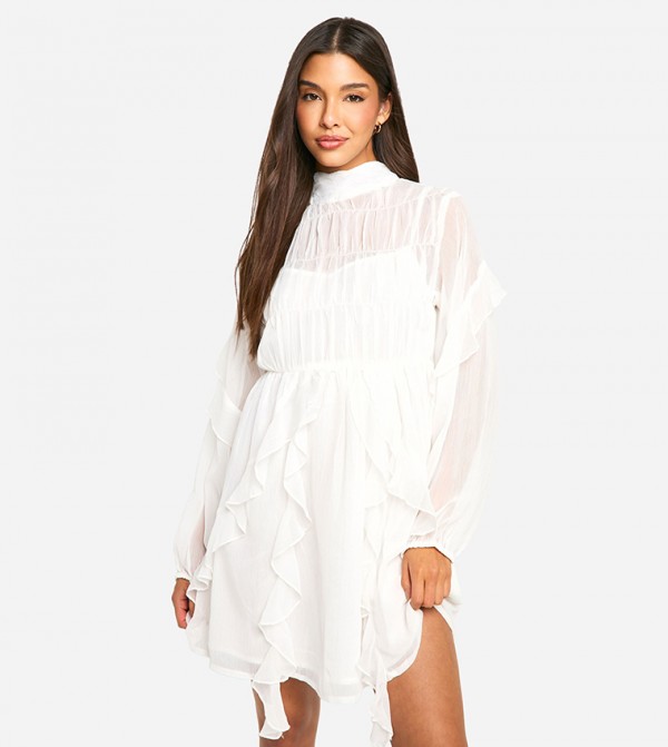 Crinkle Chiffon Funnel Neck Ruffle Smock Mini Dress